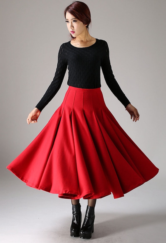 romantic skirt red skirt wool skirt long skirt womens