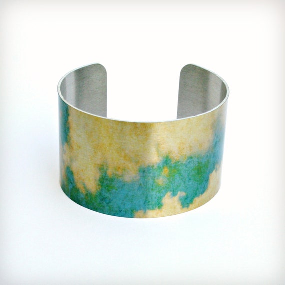 Aluminum Cuff Bracelet with Grunge Clouds, Permanent image, Water and