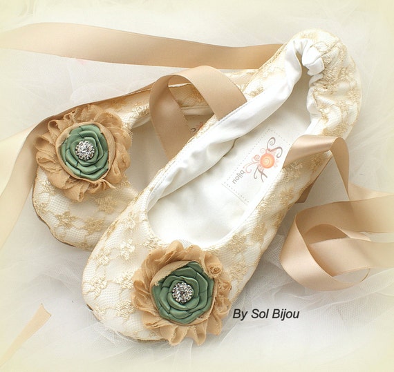 Lace Bridal Flats Ballerina Slippers in Champagne Tan by SolBijou
