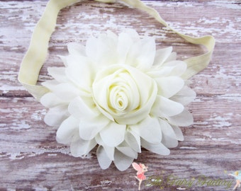 Ivory Flower Headband, Jumbo Chiffon Rose Headband or Hair Clip, The Emma, Baptism, Christening, Flower Girl, Baby Child Girls Headband