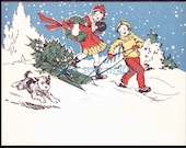 Vintage  instant download kids bringing home tree on sled altered art scrapbook digital download