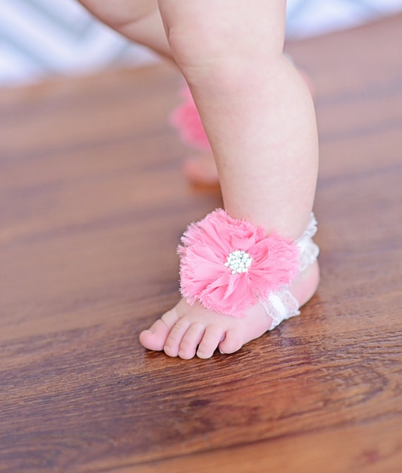 Coral Barefoot Sandals! Coral pink Ballerina chiffon flower white ...