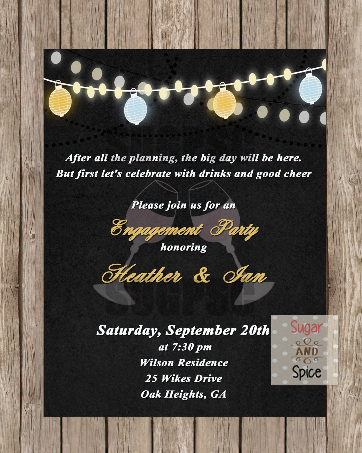 Engagement Invitation, Drinks and Good Cheer, Chalkboard background,  Outside Lights and Lanterns DIY PRINTABLE – OnePaperHeart – Stationary &  Invitations