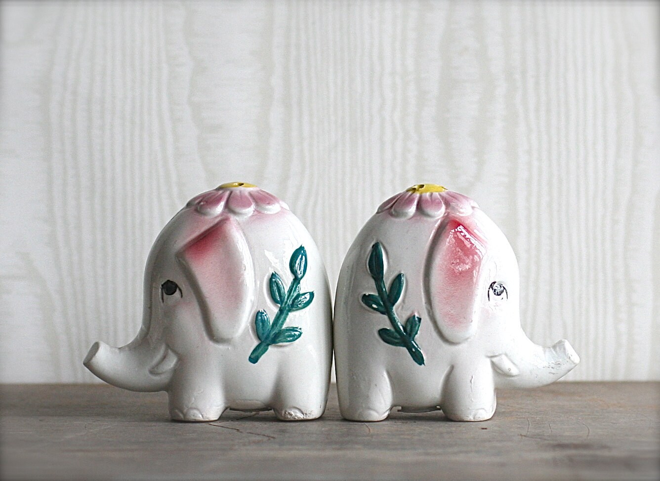 Vintage Elephant Salt pepper Shakers Ceramic Yellow by ivorybird
