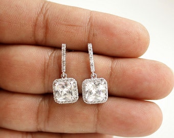 Wedding Earrings Square Bridal Earrings Small Square Drop Earrings Clear Cubic Zirconia Silver Studs Wedding Jewelry Bridal Jewelry