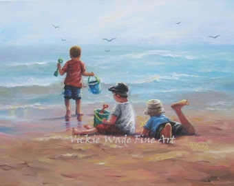 Three Beach Boys Art Print, beach paintings, boys, beach, three brothers, three boys, my three sons, beach children, sea, Vickie Wade art