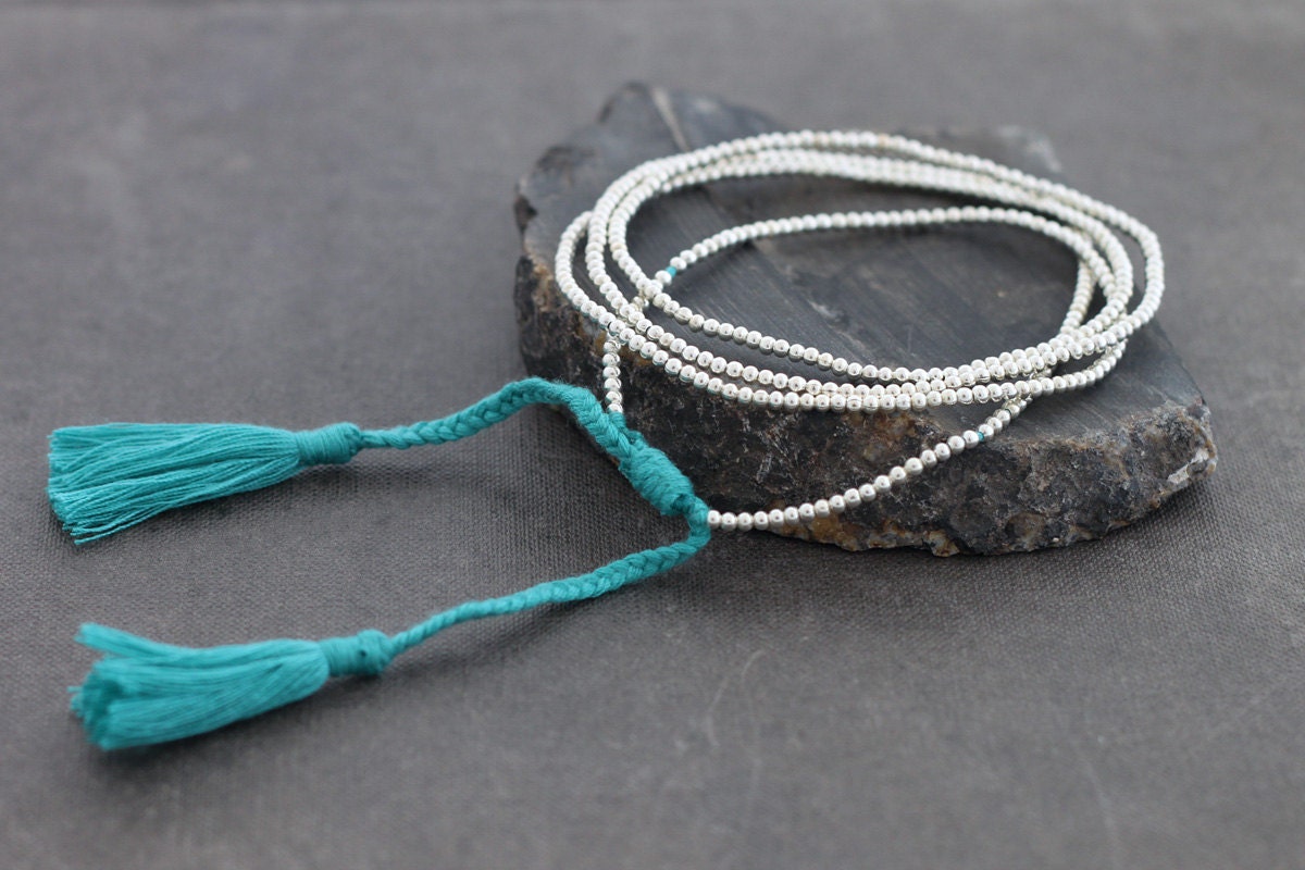 Simple Long Blue Tassel Silver Necklace Wrap Bracelet