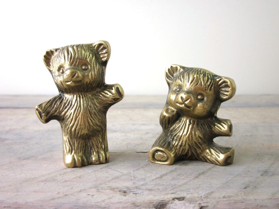 Pair of Vintage Brass Teddy Bears Set of Two