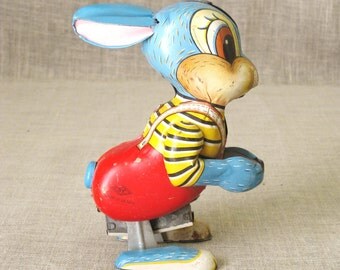 Wind up Tin Toy Rabbit, Easter Bunny, Mid-Century, Vintage Japan, Metal Toy Rabbit, Wind up Toy, Japanese, Metal Rabbit Toy, Japan Toy
