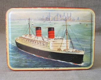 Antique Souvenir Cunard Candy Tin, Bensons, Queen Mary, Storage, Organization, Cruise Ship, Metal Box, Ship, Transportation, Cruise Line