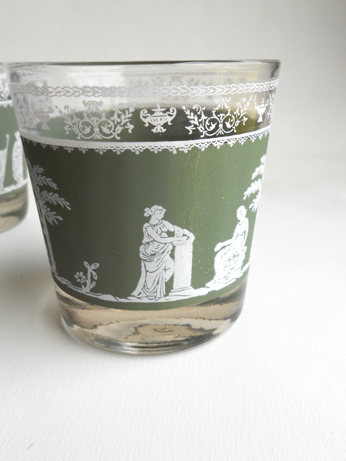 Retro Glass Hellenic Green Old Fashioned Glasses Set of Four