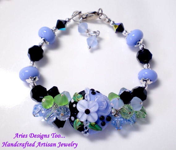 Blue & Black .Floral  Lampwork Bracelet, Garden Lampwork Bracelet, Floral Lampwork Bracelet