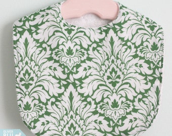 The Dressy Drooler Bib in green and white damask