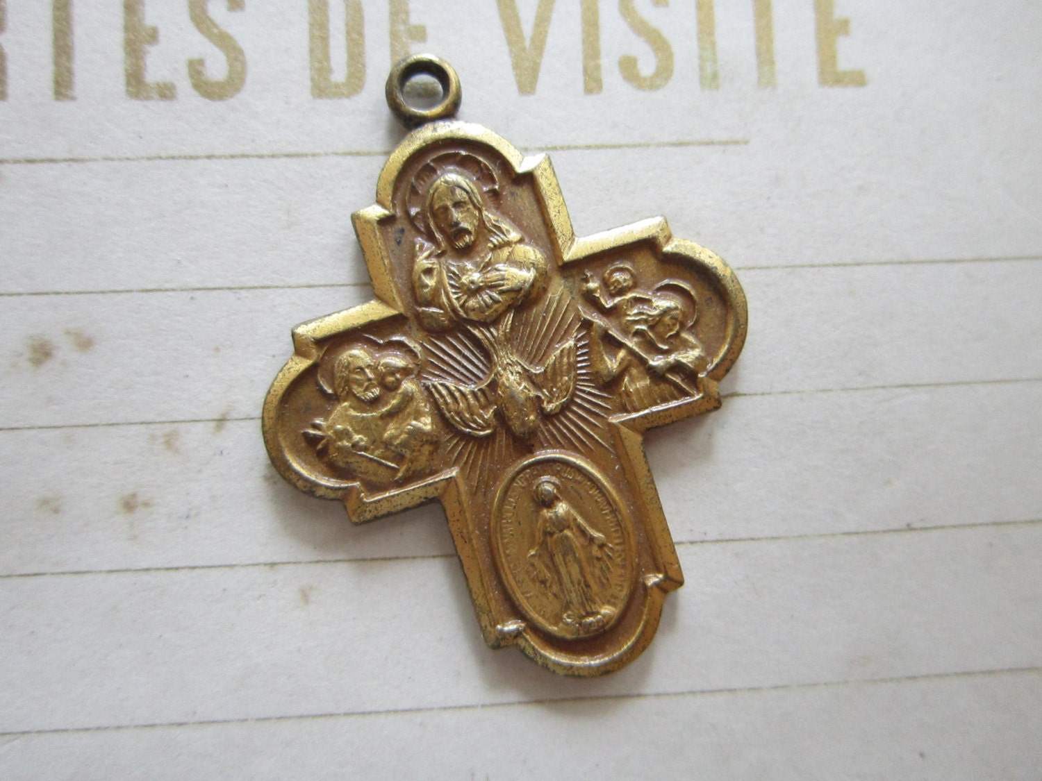 vintage religious medals cross brass color