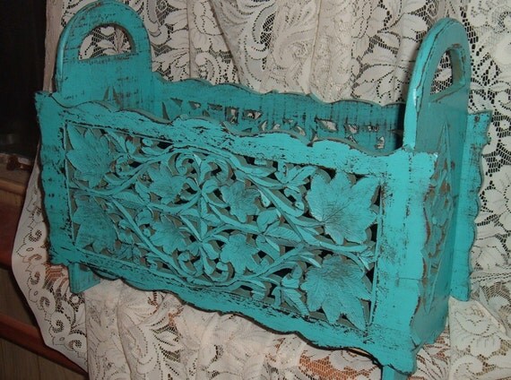 REDUCED Hand Carved Wood Box, Planter, From India, Painted Turquoise 