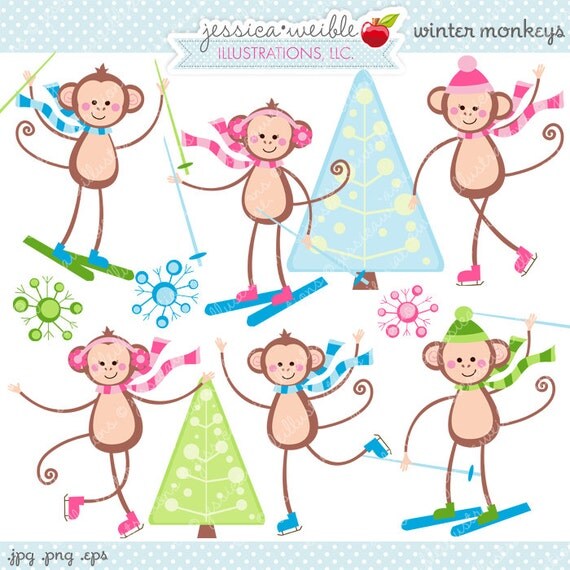 Winter Monkeys Cute Digital Clipart - Commercial Use OK - Ice Skating Monkeys, Skiing, Ice Skating, Cute Monkey Clipart, Christmas Graphics Il_570xn