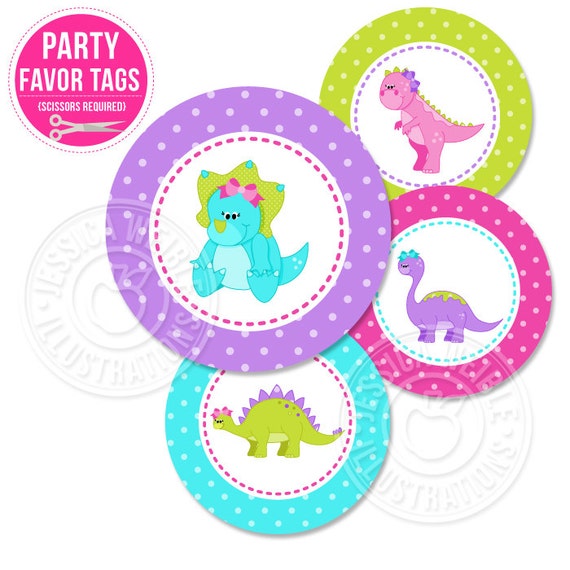 Girly Dinosaurs Theme - Printable Party Tags - Cupake Toppers - Printable Party Favors - Dinosaur Party Printables Il_570xn
