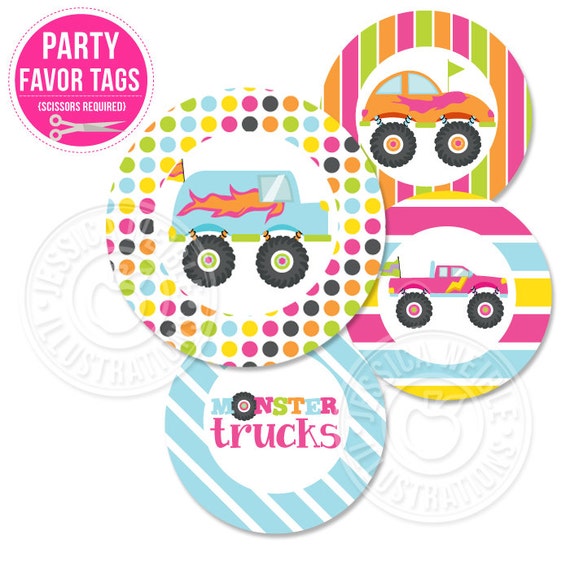 Girly Monster Trucks Theme - Printable Party Tags - Circles -Cupcake Toppers Il_570xn