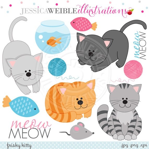 Frisky Kitty Cute Digital Clipart for Card Design, Scrapbooking, and Web Design, Cat Clipart Il_570xn