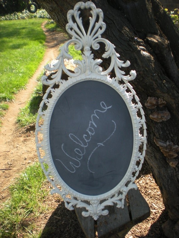 SALE Vintage White Framed Chalkboard Mirror Large Oval Shabby
