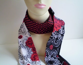 Red Black White Rose Polka Dot Bandana Skinny Scarf, Rose Bandana Head Scarf, Bandana Head Wrap