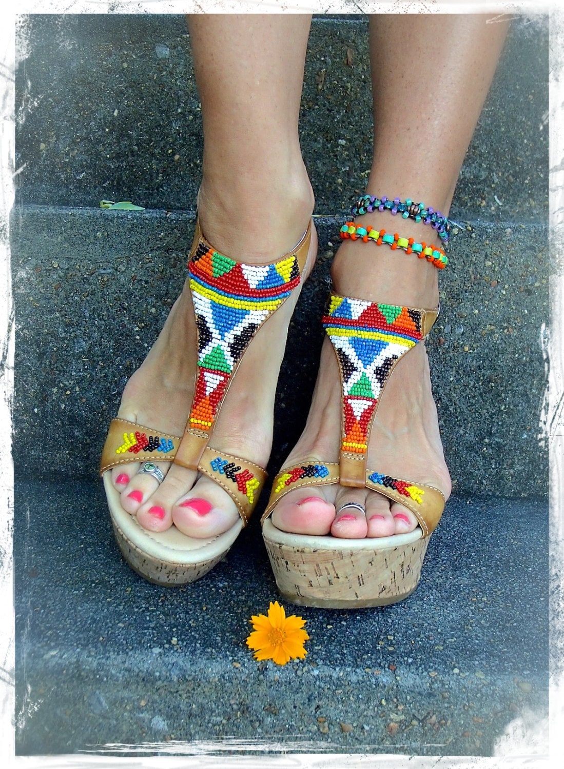 Tribal WEDGE SANDALS Native American BEADED sandals Strap