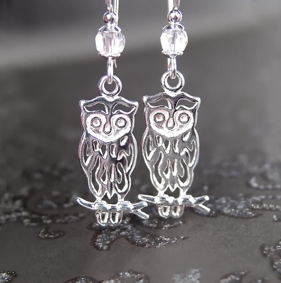 Sterling Silver Owl Earrings Owl Jewelry Woodland Owl Drop