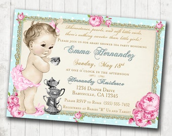 Baby Shower Tea Party Invitation - Shabby Chic Floral Vintage Baby Shower Invitation For Girl -Roses & Gold- DIY Printable