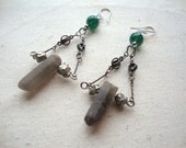 Smokey Quartz, Pyrite and Green Glass Silver "Legend Has It" Earrings