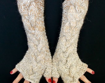 Fingerless Gloves Wrist Warmers Beige Light Brown Cabled
