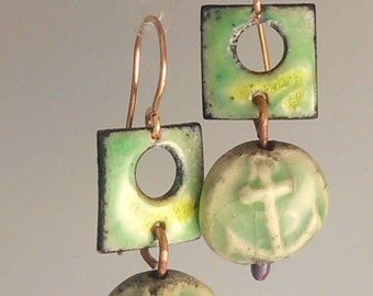 SALE! Enamel and Raku Earrings - Lime Anchor
