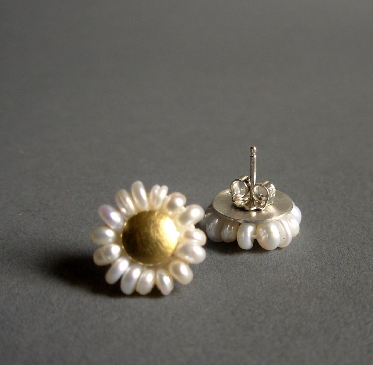 Marguerite Ear Studs Daisy Pearl Stud Earrings by Artesserae