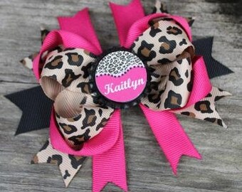 Personalized Bottle Cap Bow Leopard Bow Pink Boutique Bow Layered Bow 