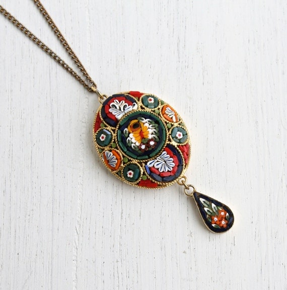 Vintage Micro Mosaic Necklace Italian Glass Gold Tone Floral