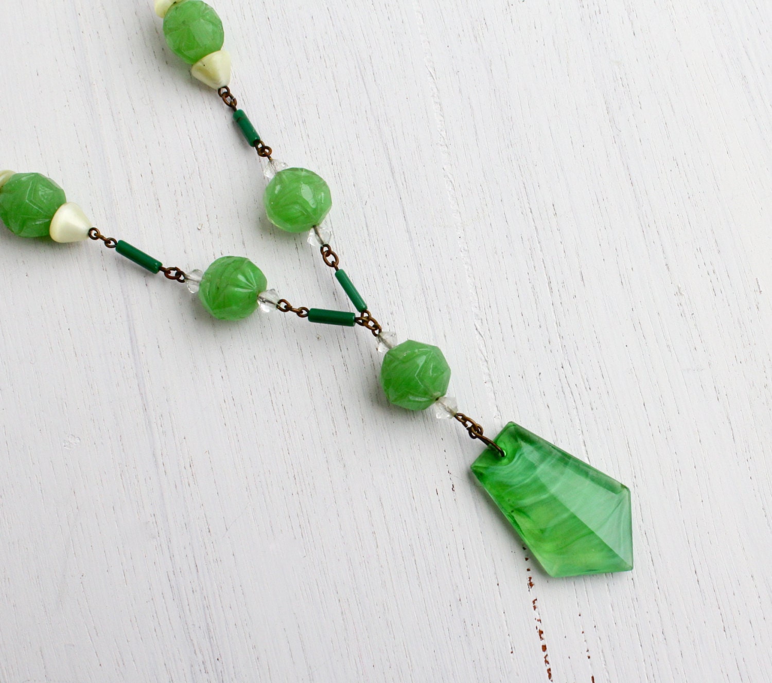 Antique Art Deco Green Glass Necklace Vintage Brass 1940s