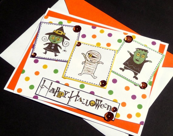 Children's Halloween Greeting Card - Witch, Frankenstein and Mummy - Handmade Paper Card for Kids