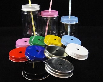 Mason Jar Straw Hole Lid, Mason Jars, Plastic Mason Jars, Kids Parties, Weddings, Baby Showers, Mason Jar Lids - 12 Lids ONLY