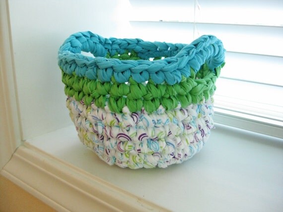 Crocheted Rag Basket Turquoise Green and White Repurposed