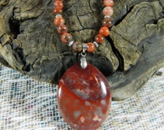 Red ocean jasper necklace 22" long red flame jasper eye pendant semiprecious stone jewelry packaged in a colorful gift bag 10487