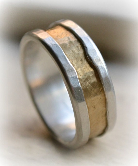 mens rustic fine silver and brass ring handmade hammered