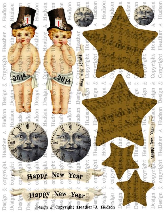 New Year's Eve Top Hat Pocket Pugsley Spoolie Pieces  Digital Collage sheet Printable