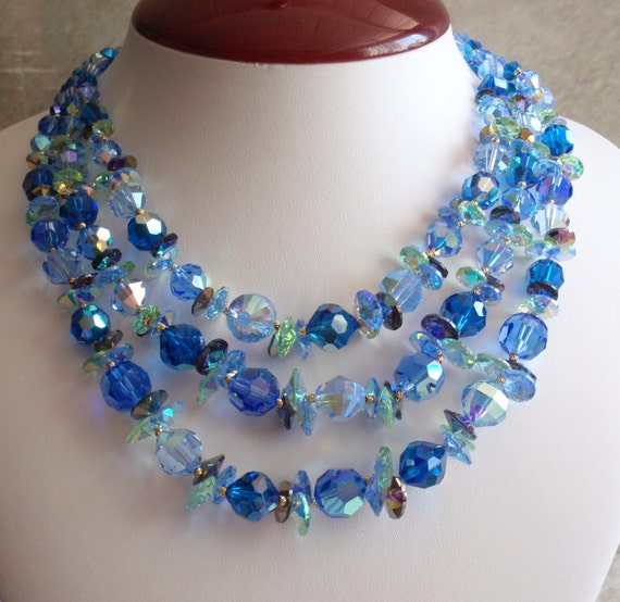 Blue Cut-Glass Necklace Vendome 1962 Crystal Triple Strand