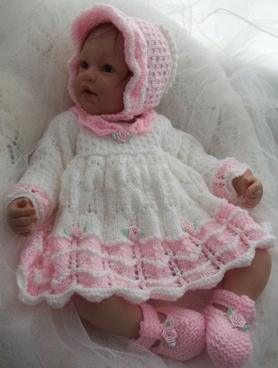 Baby Knitting Pattern Girls or Reborn Dolls Scalloped Dress, Bonnet & Boo...