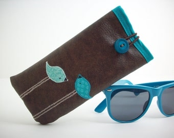 Eyeglass or Sunglass case in brown with teal birds