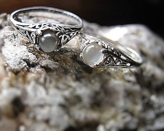 Tiny White Grey Catseye Moonstone Handmade Ring Sterling Silver shiny antique style filigree fine jewelry custom size 3 4 5 6 7 8 9 10 10.5