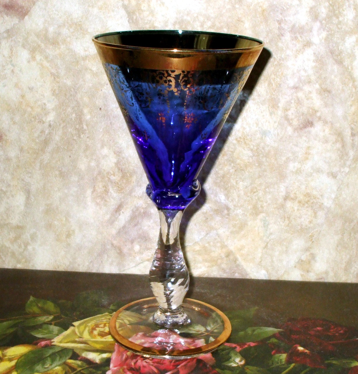 Crystal Stemware Wine Glass Goblet Cobalt Blue With Gold Lace