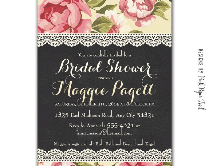 Shabby Chic Floral and Chalkboard Style Invitation v.2, Customizable Wordings, Printable, Wedding, Bridal Shower, Baby Shower