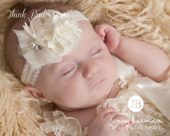 Ivory Baby Headband, Baby Headbands,White headband,Newborn Headband, Christening Headband, Baptism Headband, Baby Headband. by ThinkPinkBows