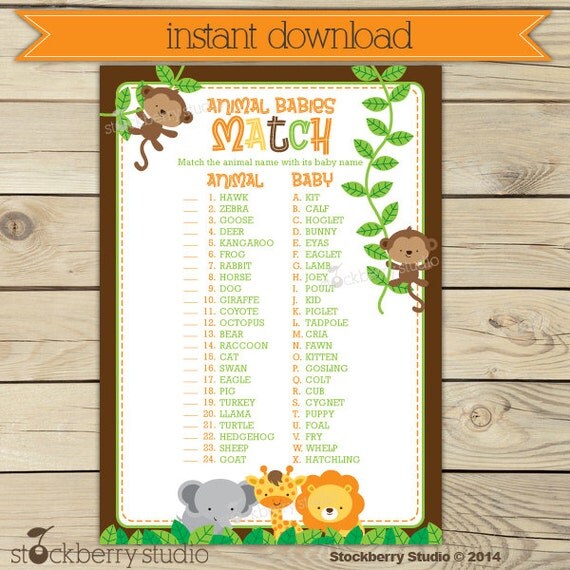 download jungle shower theme baby Download  Shower Animal Match  Safari Printable Game Instant Baby