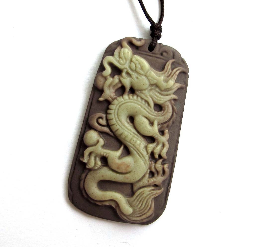 Download Two Layer Natural Stone Chinese Dragon Amulet Pendant 48mm x